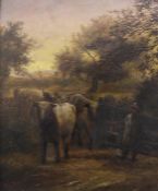 E B (19th century)  Oil on canvas Drover with cattle, initialled and dated 1877 lower left, 28cm x