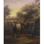 E B (19th century)  Oil on canvas Drover with cattle, initialled and dated 1877 lower left, 28cm x