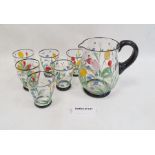 Mid 20th century painted lemonade set with six glasses and jug, floral painted, a quantity of silver