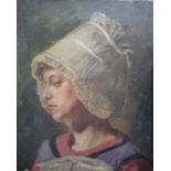 19th century continental school Oil on canvas Head and shoulders portrait of a woman in lace cap,