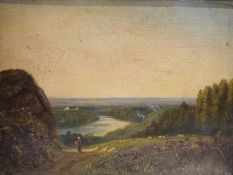 J Smith (19th century school) Oil on board Figure in rural landscape with river beyond, signed lower