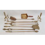 Quantity brass fireside implements including tongs, pair brass fire dogs and a shovel