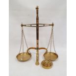 Pair of W&T Avery Limited brass pan balance scales, patent 24269-06 and four weights