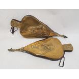 Two pairs of brass and oak bellows with embossed decoration featuring Charles the first and the