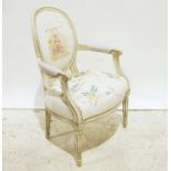 Modern French-style bedroom chair with appliqued seat, back and arms