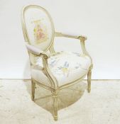 Modern French-style bedroom chair with appliqued seat, back and arms