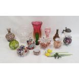 Quantity of mottled 'end of day' glass vases and covered jars, a heavily cut pedestal bowl and other