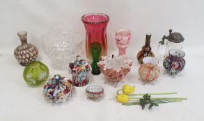 Quantity of mottled 'end of day' glass vases and covered jars, a heavily cut pedestal bowl and other