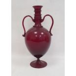 Ruby glass two-handled vase with knopped neck, pair scroll handles to the ovoid tapering body, on