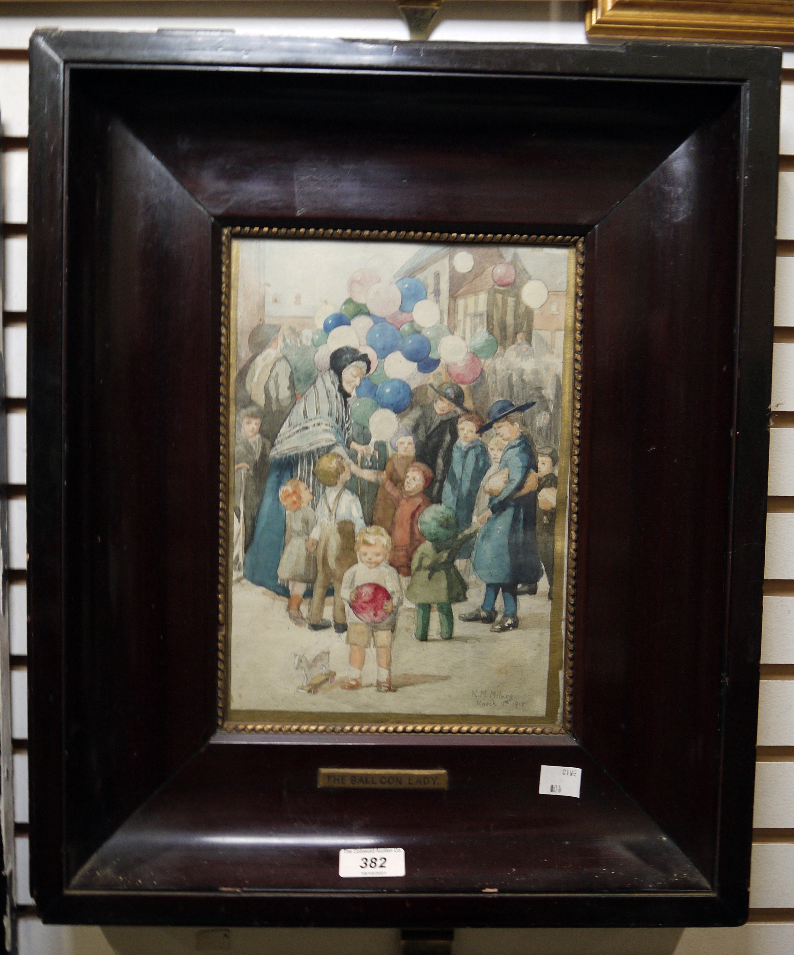 K M Milnes (early 20th century school) Watercolour  "The Balloon Lady", signed in pencil lower right - Image 2 of 2