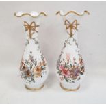 Pair Victorian white opaline glass vases, baluster shaped with frilled everted rim, each handpainted