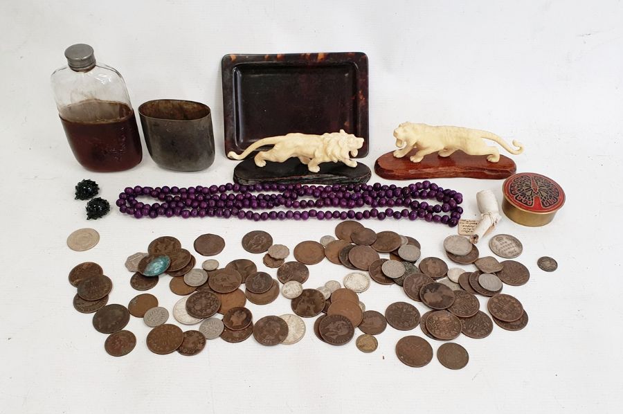 Quantity sundry world coins, part leather-bound spirit flask, simulated tortoiseshell miniature tray