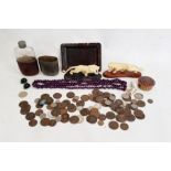 Quantity sundry world coins, part leather-bound spirit flask, simulated tortoiseshell miniature tray