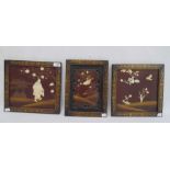 Set of three Japanese lacquer, ivory and mother-of-pearl pictures, variously man in a garden,