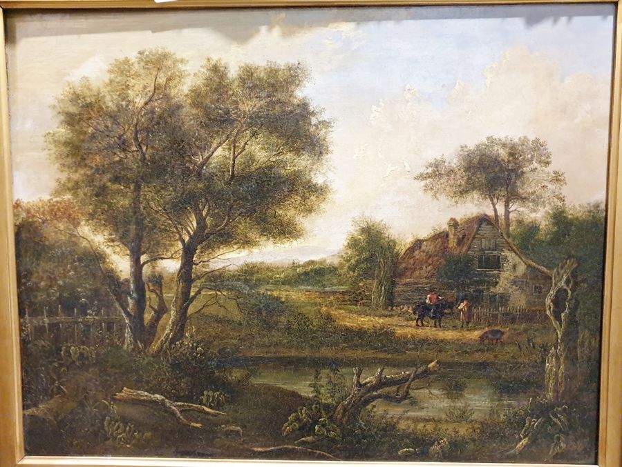 Attributed to Patrick Nasmyth (1787-1831)  Oil on canvas Rural scene with figures by a lake, with