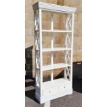 20th century white painted shelving unit with two drawers under, on plinth base, 90cm x 200cm