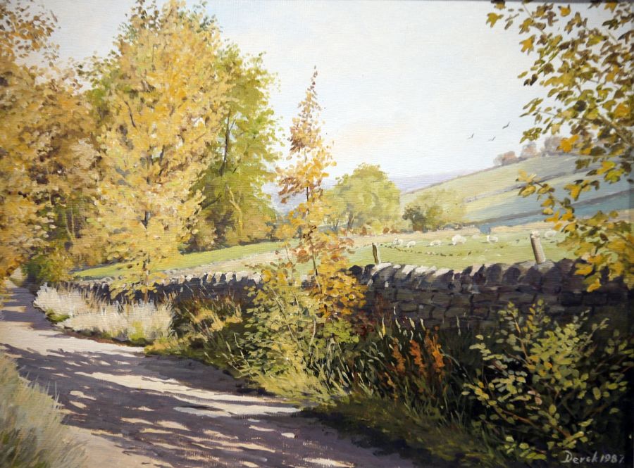 Derek (20th century school) Oil on board Countryside path with sheep in field, signed lower right