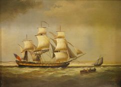 19th century school Oil on canvas Marine scene with three-masted sailing vessel and rowing boat,