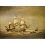 19th century school Oil on canvas Marine scene with three-masted sailing vessel and rowing boat,