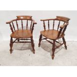 Pair elm-seated captain-type chairs with spindle backs, turned front legs to turned stretchers (2)