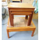 Nest of three mid-century teak modern coffee tables and a further tile-top mid-century modern coffee