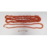 Graduating coral bead necklace with gold-coloured clasp, 45cm long approx. and a rough coral bead