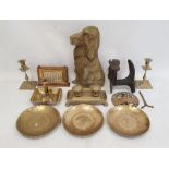 Brass inkstand with two inkwells, iron shoe last, brass-mounted perpetual calendar and other brass