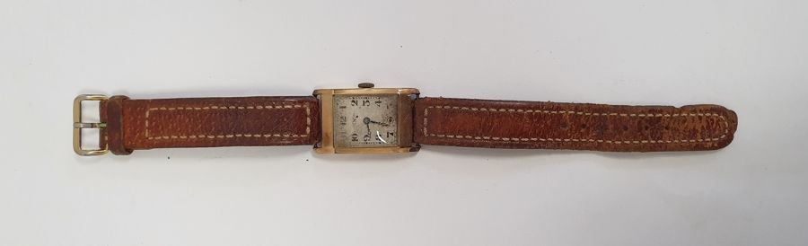 9ct gold cased Denco gentleman's wristwatch with brown leather strap, hallmarked to inside 'A.L.D - Image 2 of 3