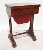 19th century mahogany worktable, the rectangular top opening to reveal baize-lined interior,