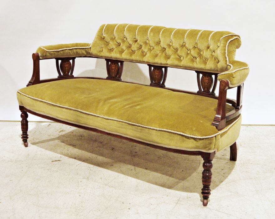 19th century mahogany-framed and inlaid settee with upholstered seat, back and arm rests, on