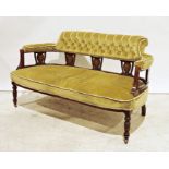 19th century mahogany-framed and inlaid settee with upholstered seat, back and arm rests, on