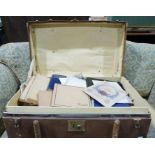 Wooden and canvas travel trunk containing books of cigarette cards, stamp albums, photograph albums,
