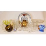 Poole pottery cups and saucers, a brass teapot, glass witch's ball together with various glass and