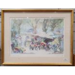 After Pierre Jean Llado "Les Jardins de Sophie"  together with a Japanese print on silk (2)