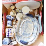 Modern Chinese blue and white vase, various meat trays and assorted chinawares (2 boxes)