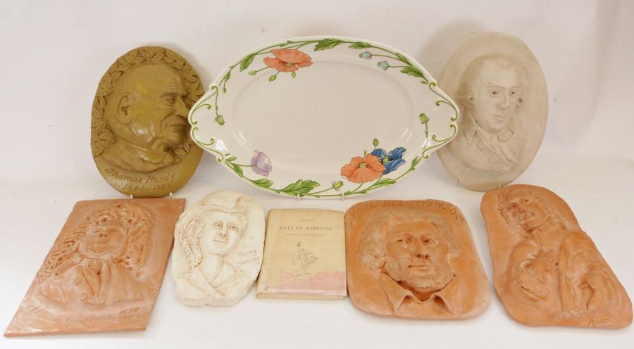 Two pottery wall plaques, one of Thomas Hardy, the other of R B Sheridan, together with various