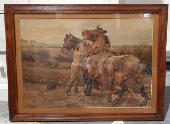 Large late 19th/early 20th century  Coloured print Boy with carthorses, a hunt in the distance, 50cm