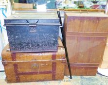 Three metal trunks together with a walking stick with horse's head handle  together with some