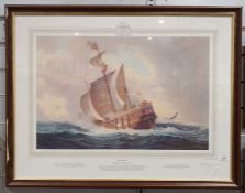 After W H Bishop Print "Matthew", print of John Cabot's ship, signed in pencil lower right, together
