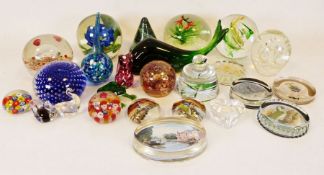Orange glass centrepiece bowl, various Art Deco style glass items and a collection of paperweights