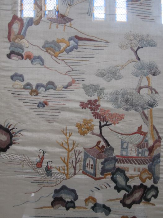 20th century Chinese embroidered silk panel, the beige ground depicting various landscape scenes, - Image 2 of 4