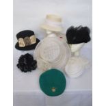 Various vintage hats to include felt First Avenue in black with raw silk appliqued flowers, a Kangol