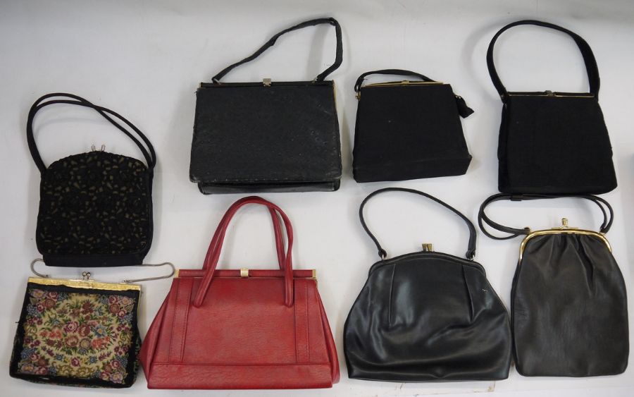 Assorted vintage bags to include a petit point evening bag, a black lace evening bag, a grosgrain