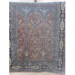 Eastern Silk Rug with columns and arches to the centre in blue and pink, approx 170cm x 125cm