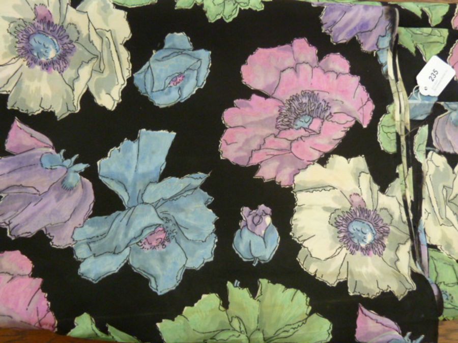 Mid 20th century silk fabric, the black ground printed with peonies -( quantity  93 x 94 cms)