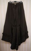 Brown satin Victorian skirt with full bustle, pleated frills, original label still present 'Grands