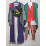 Quantity of theatrical costume to include Merlin, medieval, leopard print, straw skirt, Father