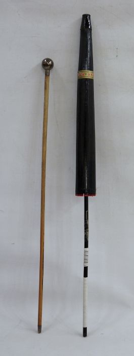 Oriental mid-20th century parasol, black lacquer sticks with painted organza body, coloured