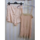 1930's apricot-coloured petticoat trimmed with undyed lace, pleated skirt, the hem also trimmed with