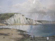 20th century school Pastel and charcoal drawing Coastal scene with white cliffs and figures in